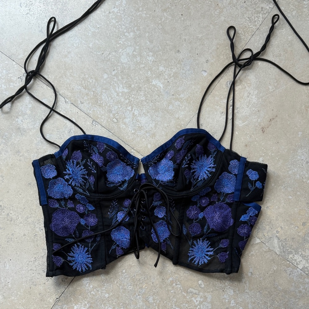 For Love & Lemons Black Bustier with Blue Floral Embroidery